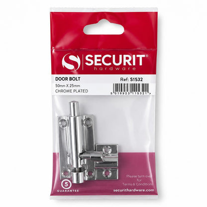 Front view of Securit Chrome Plated Door Bolt packaging
