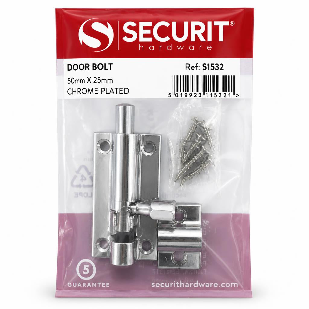 Back view of Securit Chrome Plated Door Bolt packaging