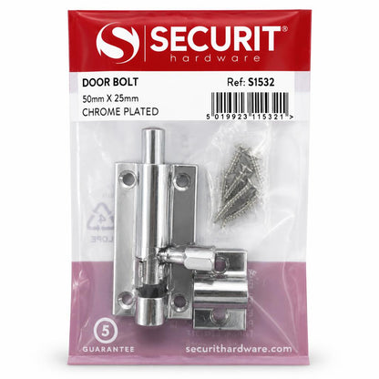 Back view of Securit Chrome Plated Door Bolt packaging