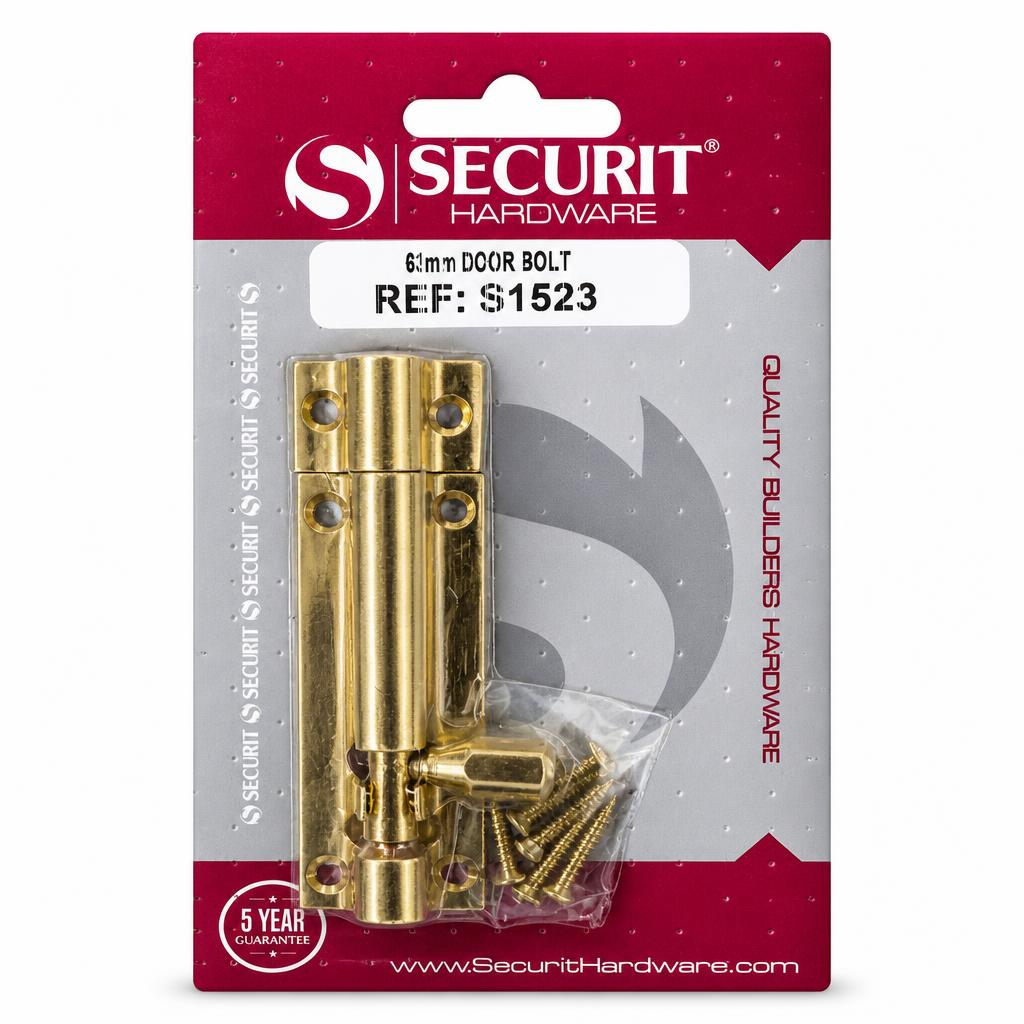 Front packaging of Securit Brass Plated Door Bolt 63mm