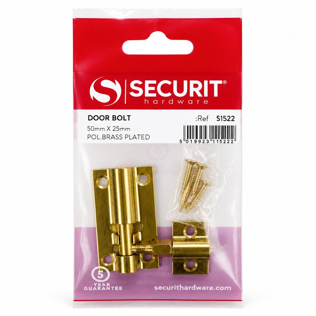 Securit Door Bolt with screws in packaging displaying price