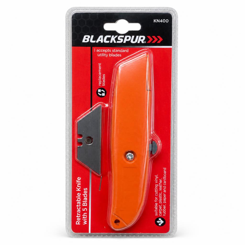 Blackspur Retractable Knife with packaging showing 5 blades
