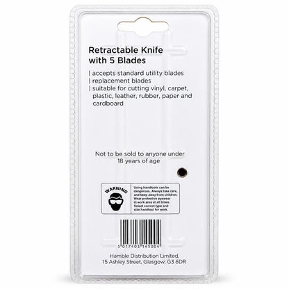 Back of Blackspur Retractable Knife packaging with barcode and safety warnings