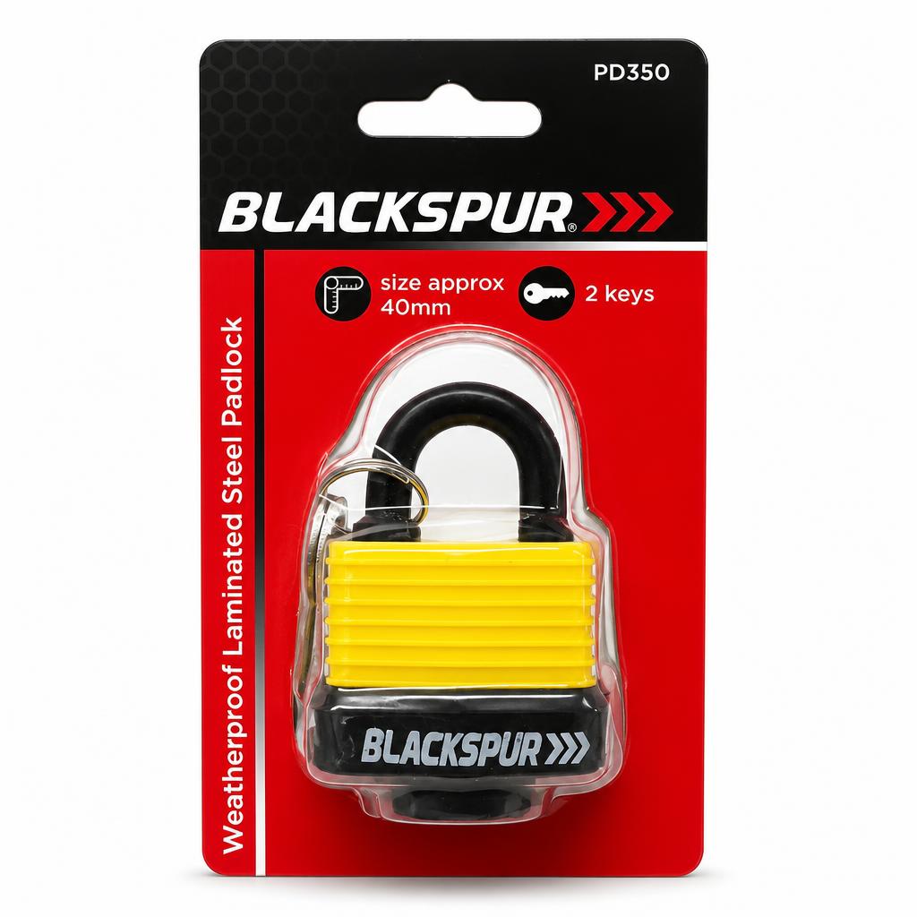 Front view of Blackspur Weatherproof Laminated Steel Padlock packaging