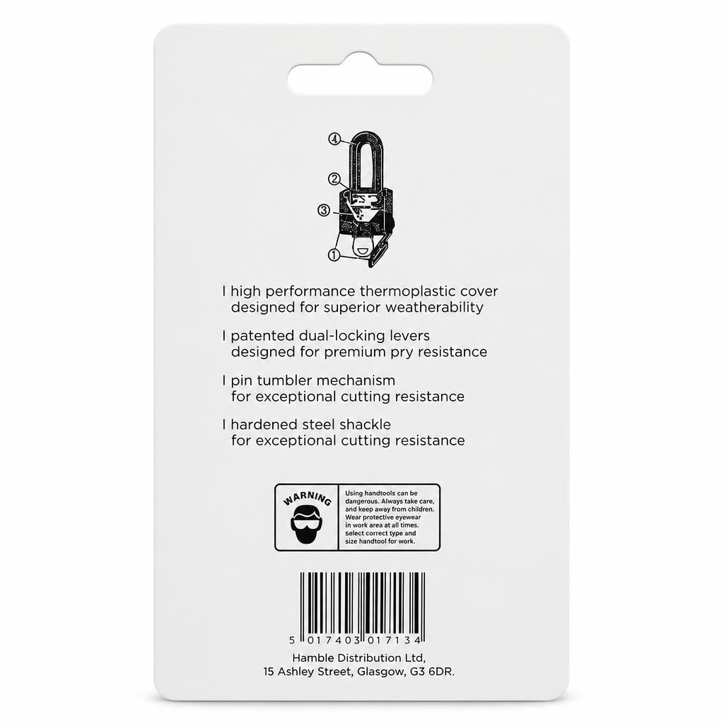 Back view of Blackspur Weatherproof Laminated Steel Padlock packaging with features and warning label