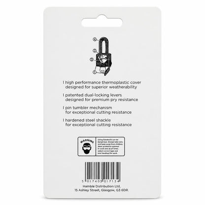 Back view of Blackspur Weatherproof Laminated Steel Padlock packaging with features and warning label