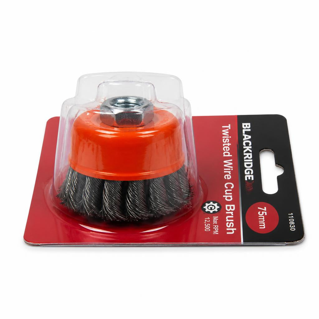 Side view of Blackspur Knotted Wire Cup Brush in packaging