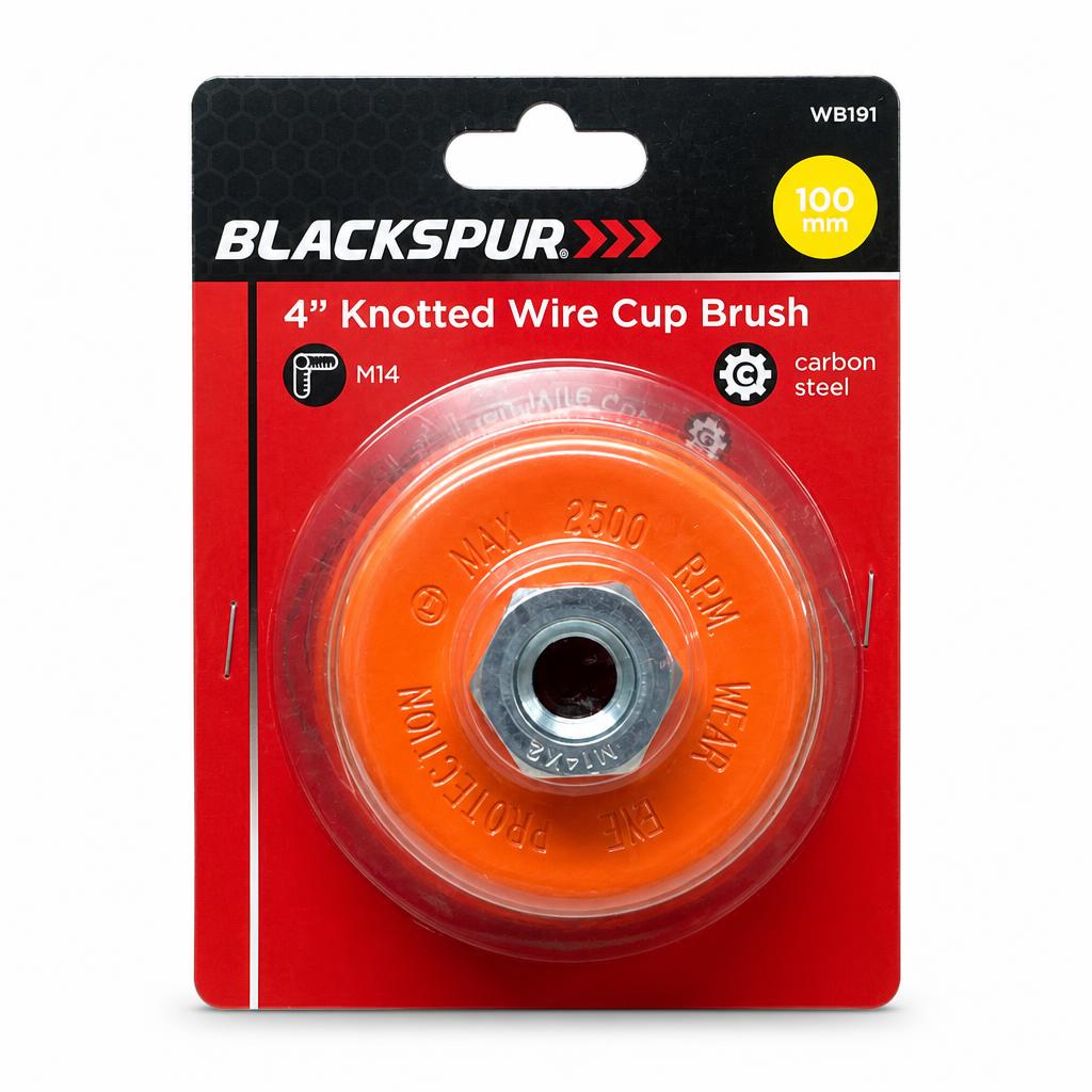 Front view of Blackspur 4" Knotted Wire Cup Brush in packaging