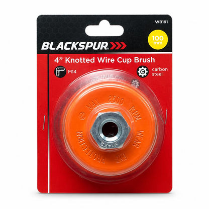 Front view of Blackspur 4" Knotted Wire Cup Brush in packaging