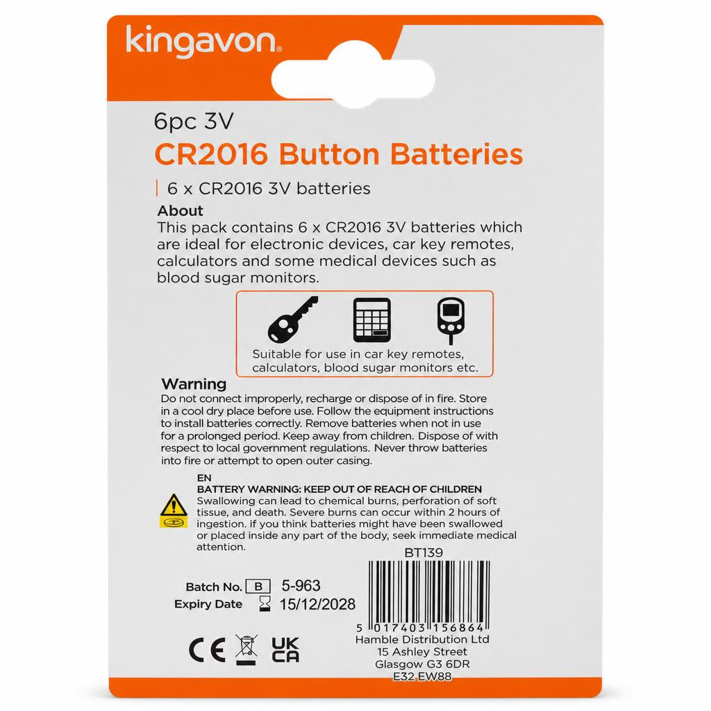 Back view of Kingavon CR2016 Button Batteries packaging with details