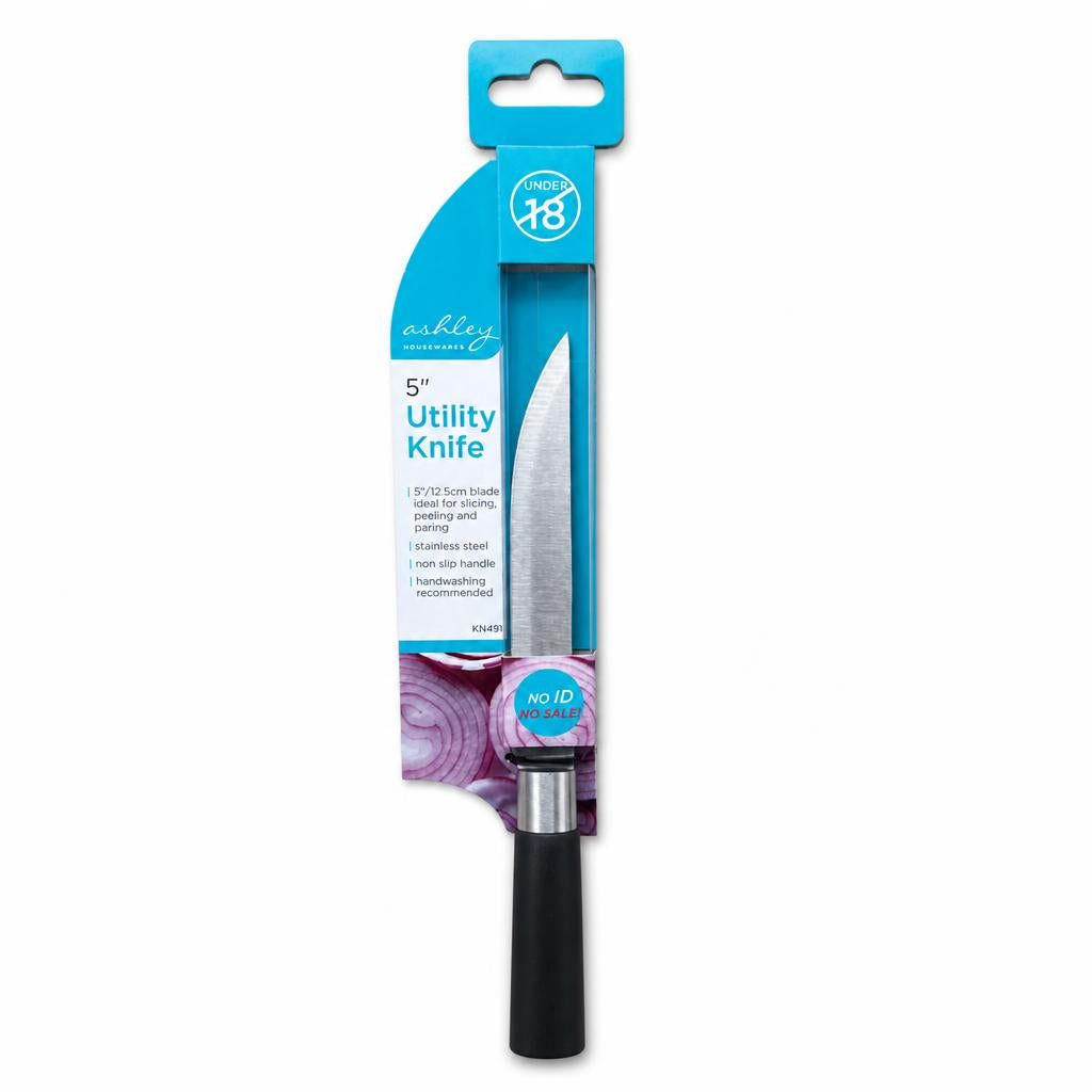 Front view of Ashley Housewares 5” Utility Knife packaging