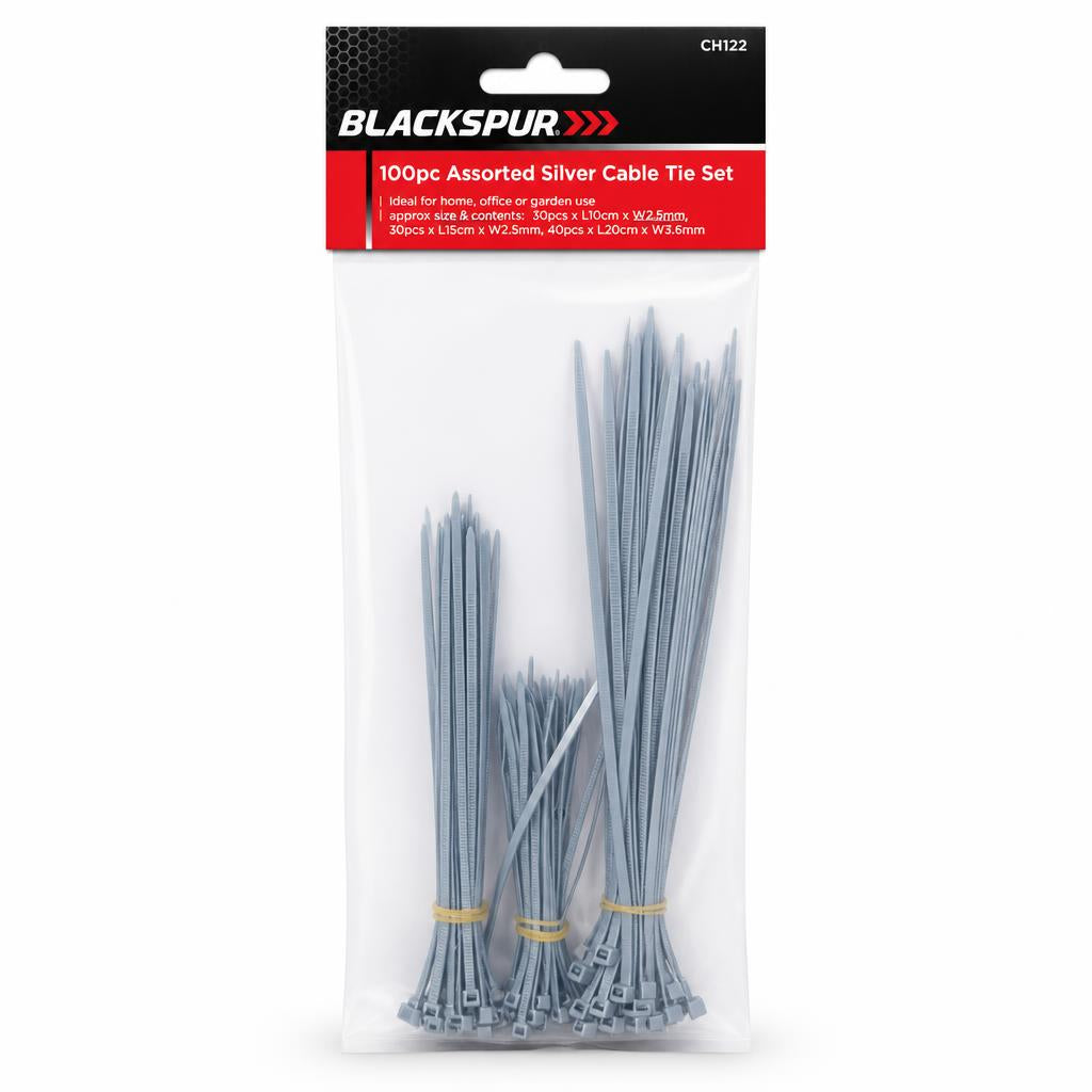 Blackspur 100-piece assorted silver cable ties in packaging