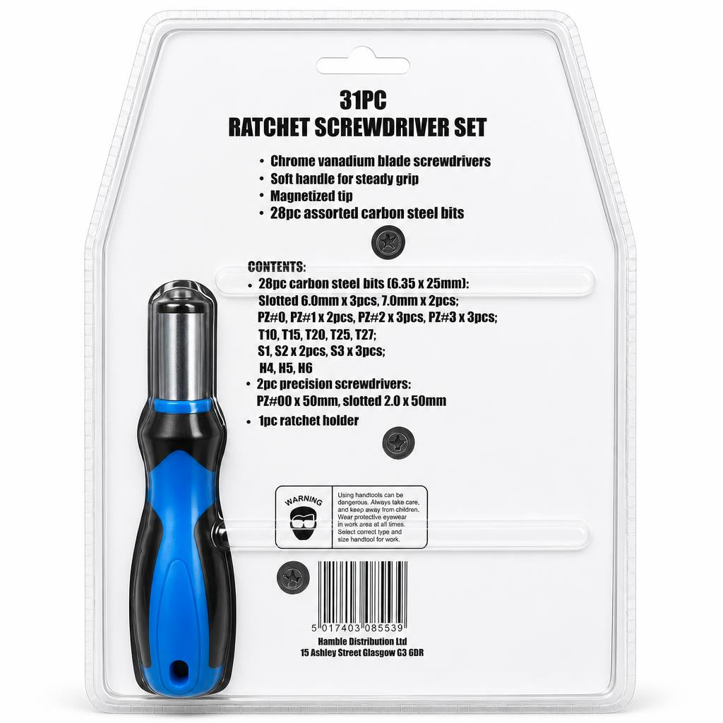 Pro User 31PC Ratchet Screwdriver Set packaging back