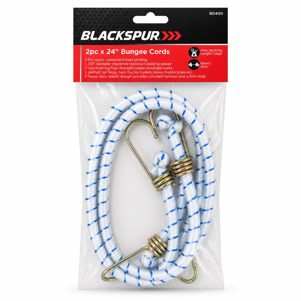 Blackspur heavy duty bungee cords in packaging with hooks visible