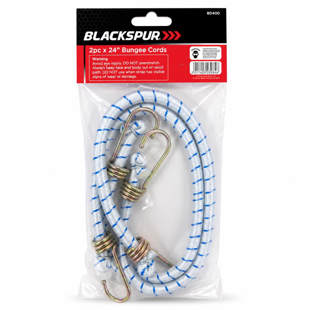 Back view of packaged Blackspur bungee cords showing safety warnings