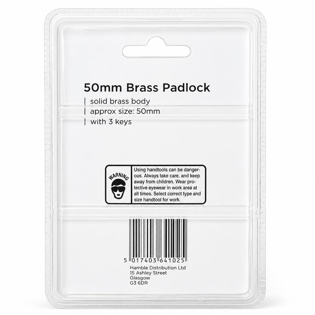 Blackspur 50mm Brass Padlock back packaging with barcode