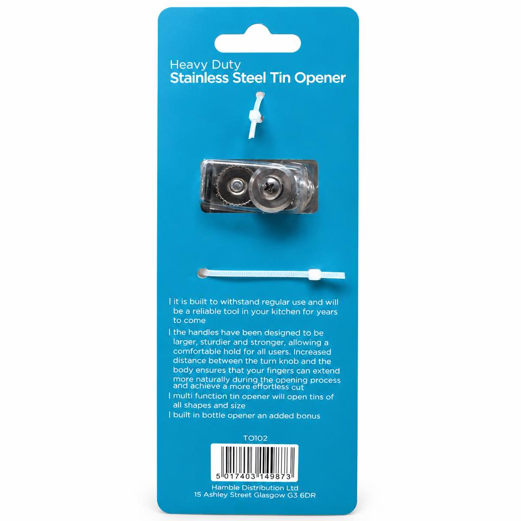 Ashley heavy duty stainless steel tin opener packaging back with description