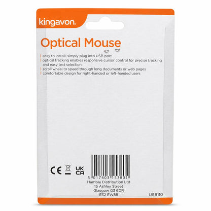 Back view of Kingavon Optical Mouse packaging with specifications