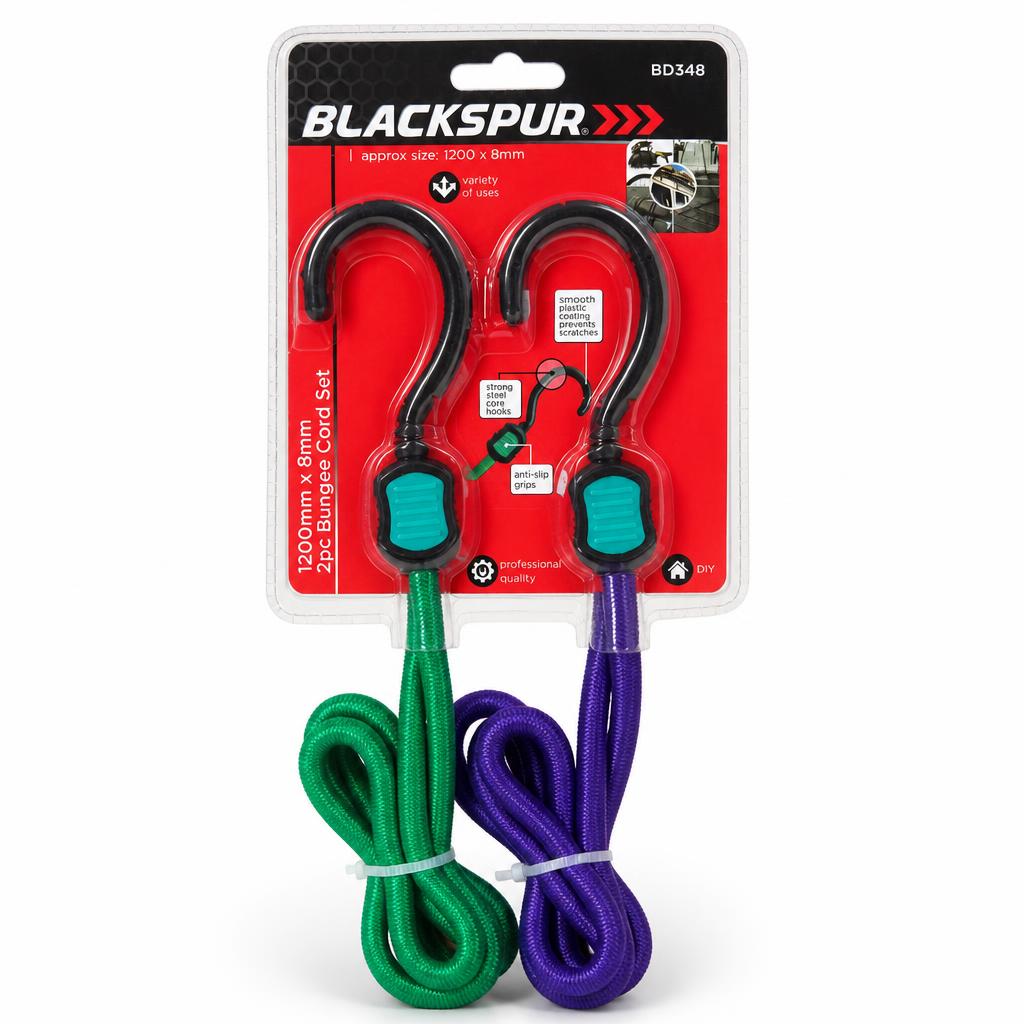 Blackspur bungee cord set with steel hooks and green and purple cords