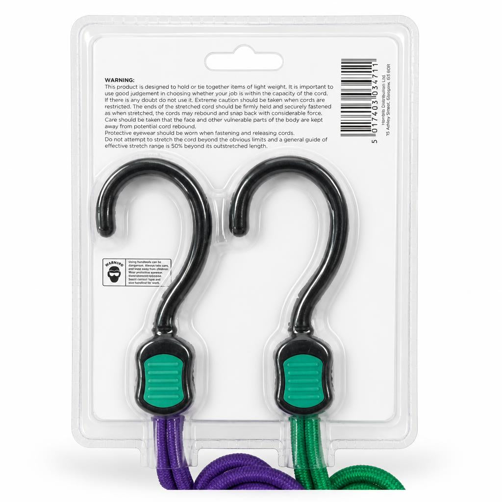 Back view of Blackspur bungee cord set showing safety warnings and barcode