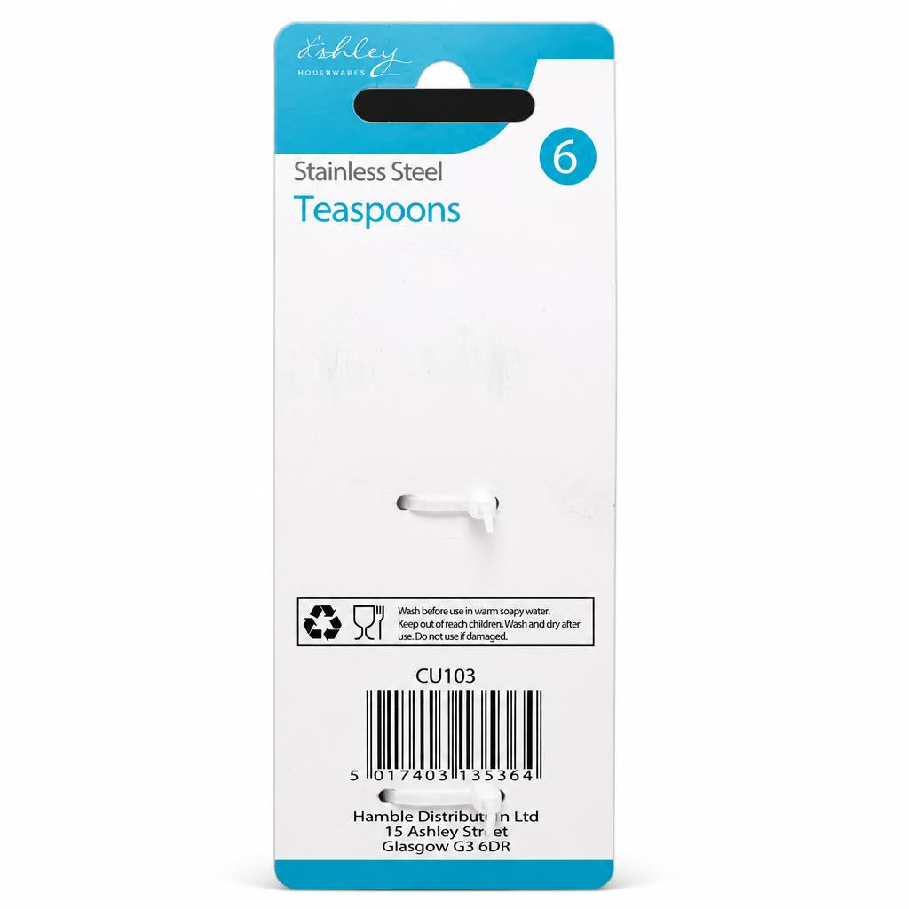 Backside of packaging for Ashley Housewares Teaspoons showing barcode and instructions.