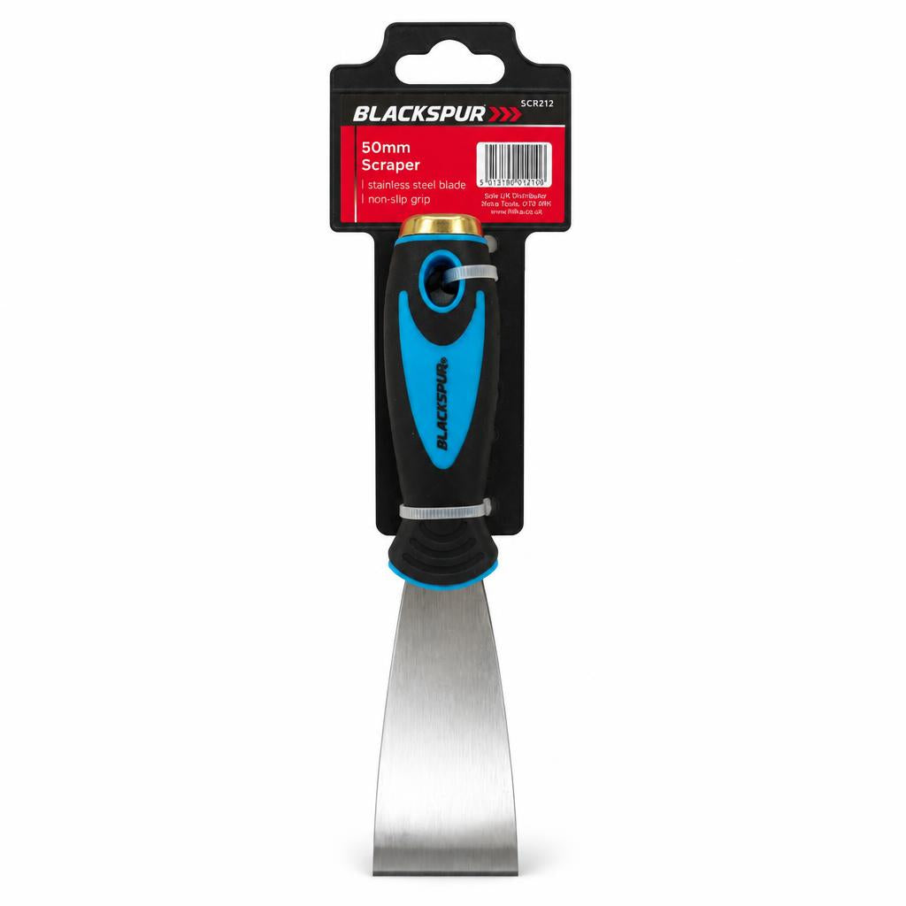 Blackspur 50mm scraper featuring stainless steel blade and non-slip grip on cardboard backing