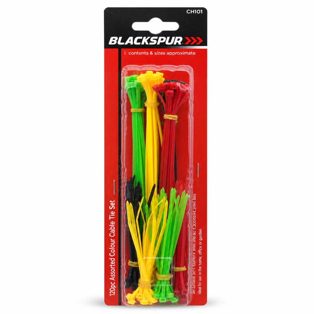Blackspur 120pc assorted colour cable tie set packaging front