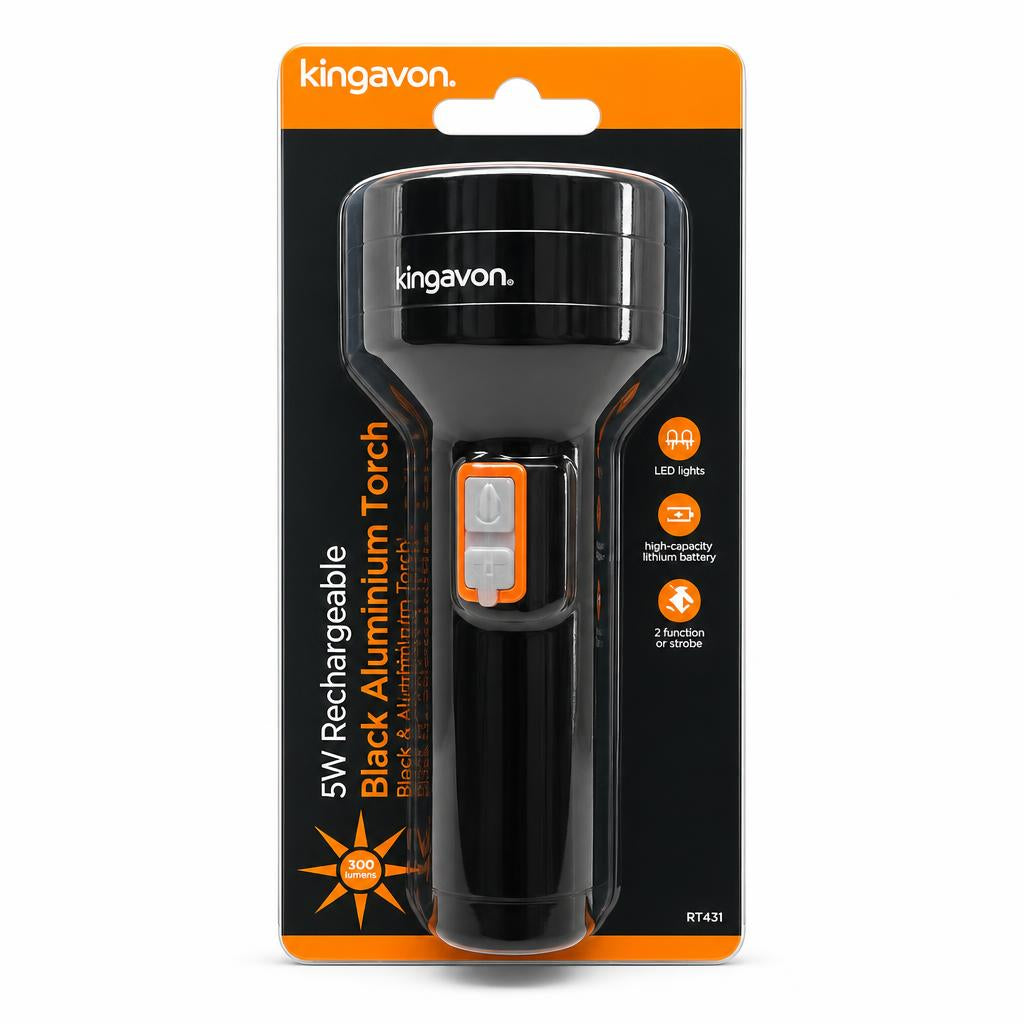 Kingavon 5W Rechargeable Black Aluminium Torch front packaging
