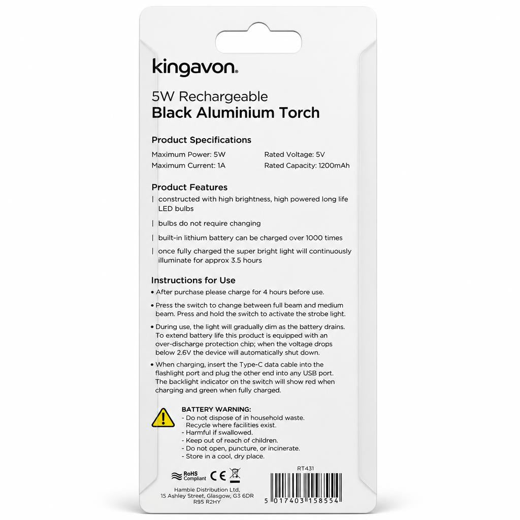 Kingavon 5W Rechargeable Black Aluminium Torch back packaging