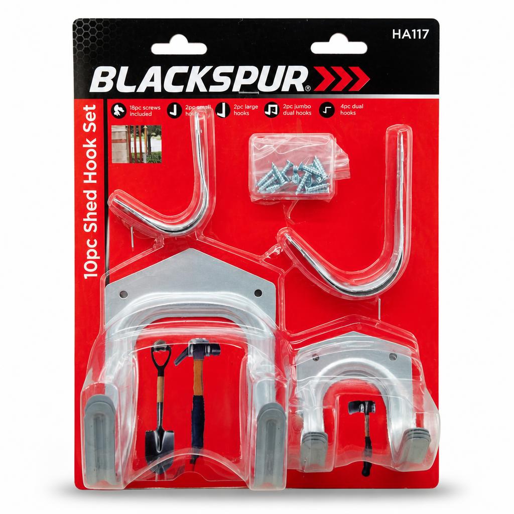 Front packaging of Blackspur 10pc Shed Hook Set