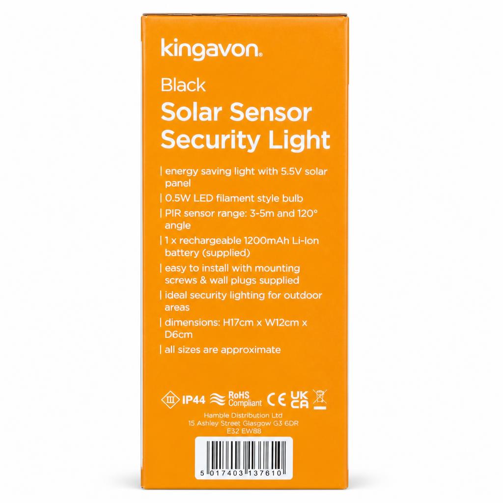 Kingavon Black Solar Sensor Security Light packaging side view