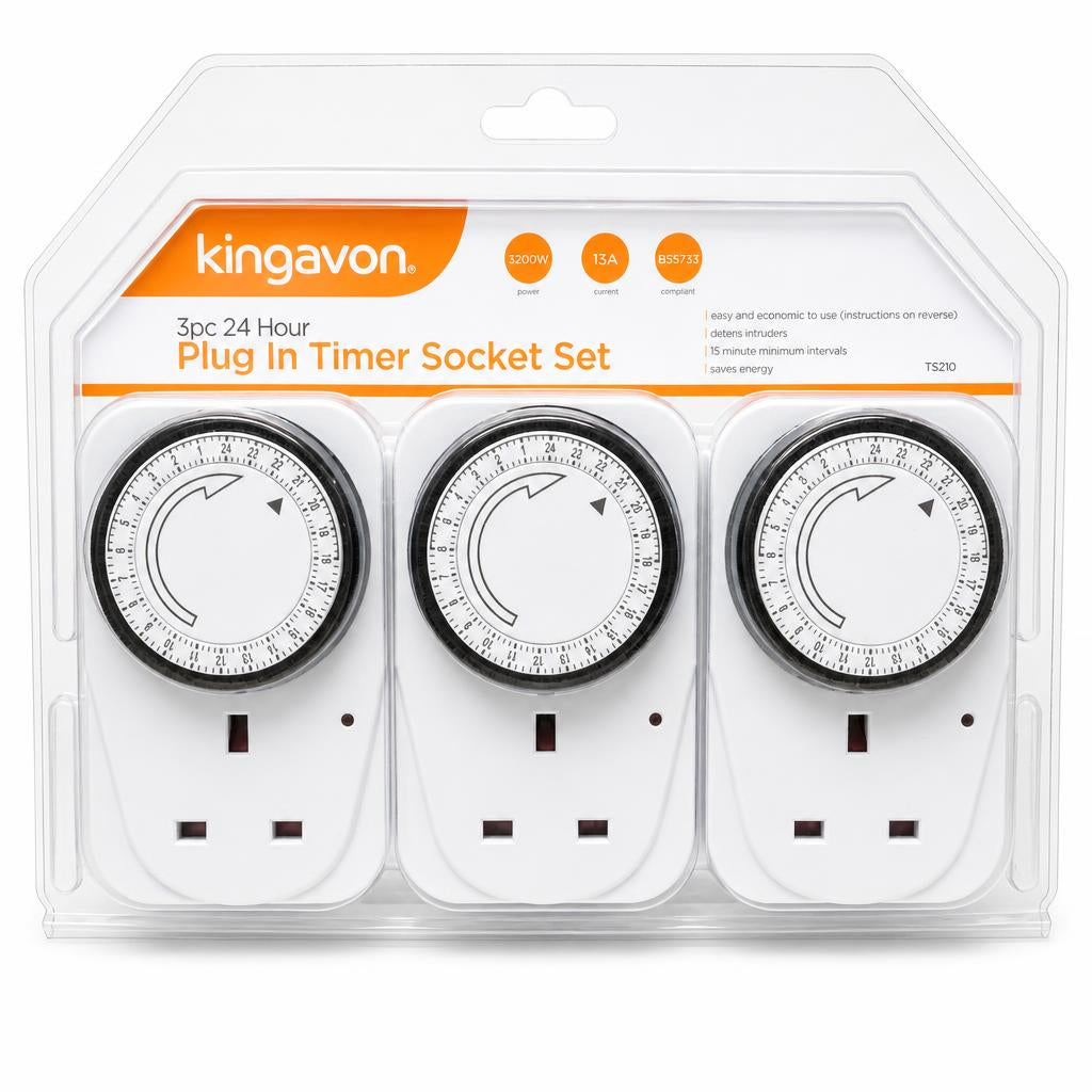Kingavon 3pc 24 Hour Plug-In Timer Socket Set packaging front
