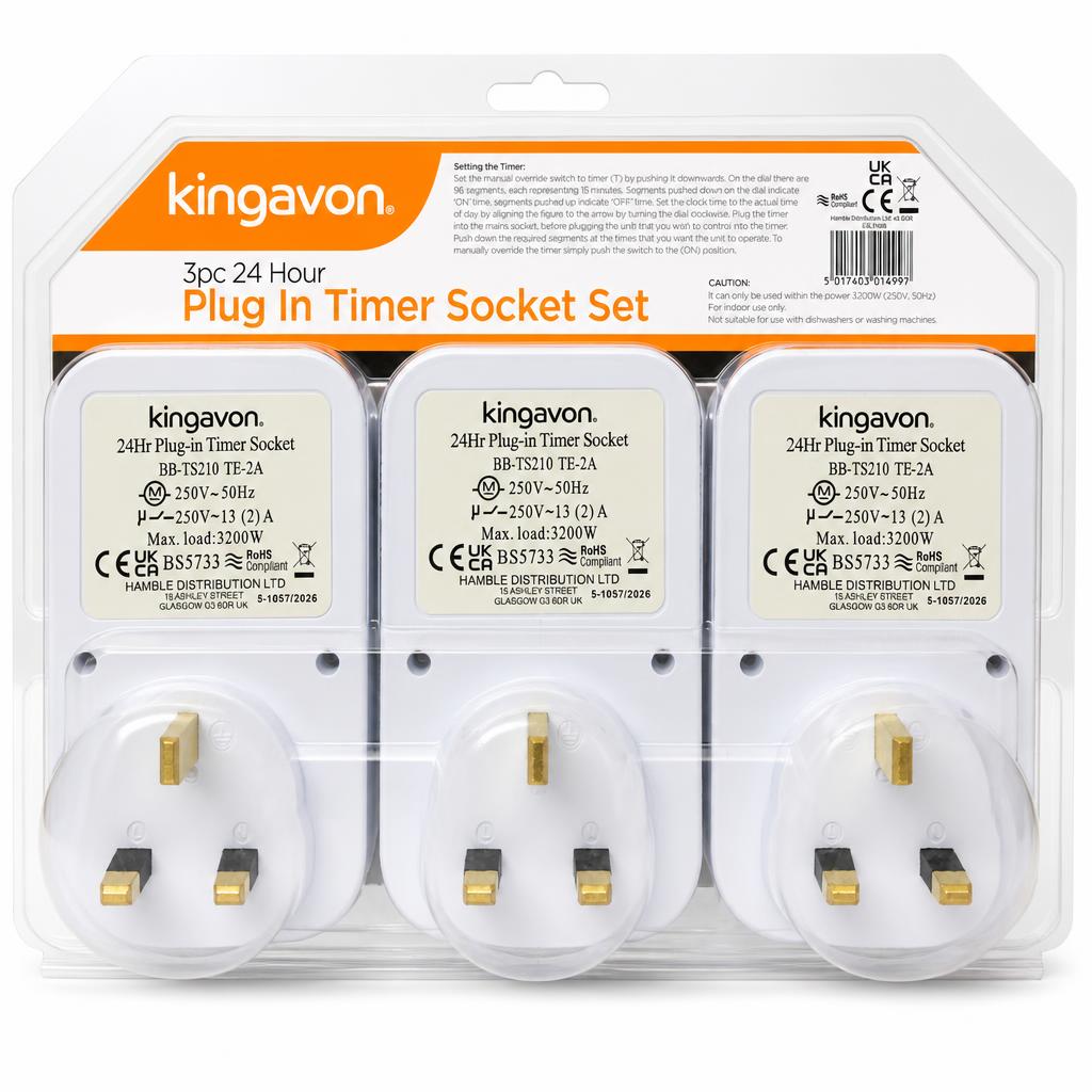 Kingavon 3pc 24 Hour Plug-In Timer Socket Set packaging back