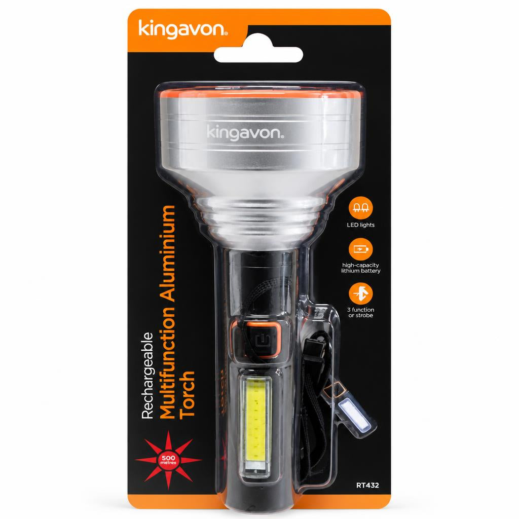 Kingavon rechargeable multifunction aluminium torch packaging front view