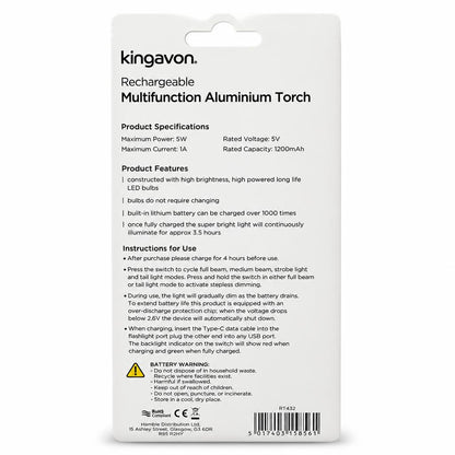 Kingavon rechargeable multifunction aluminium torch packaging back view