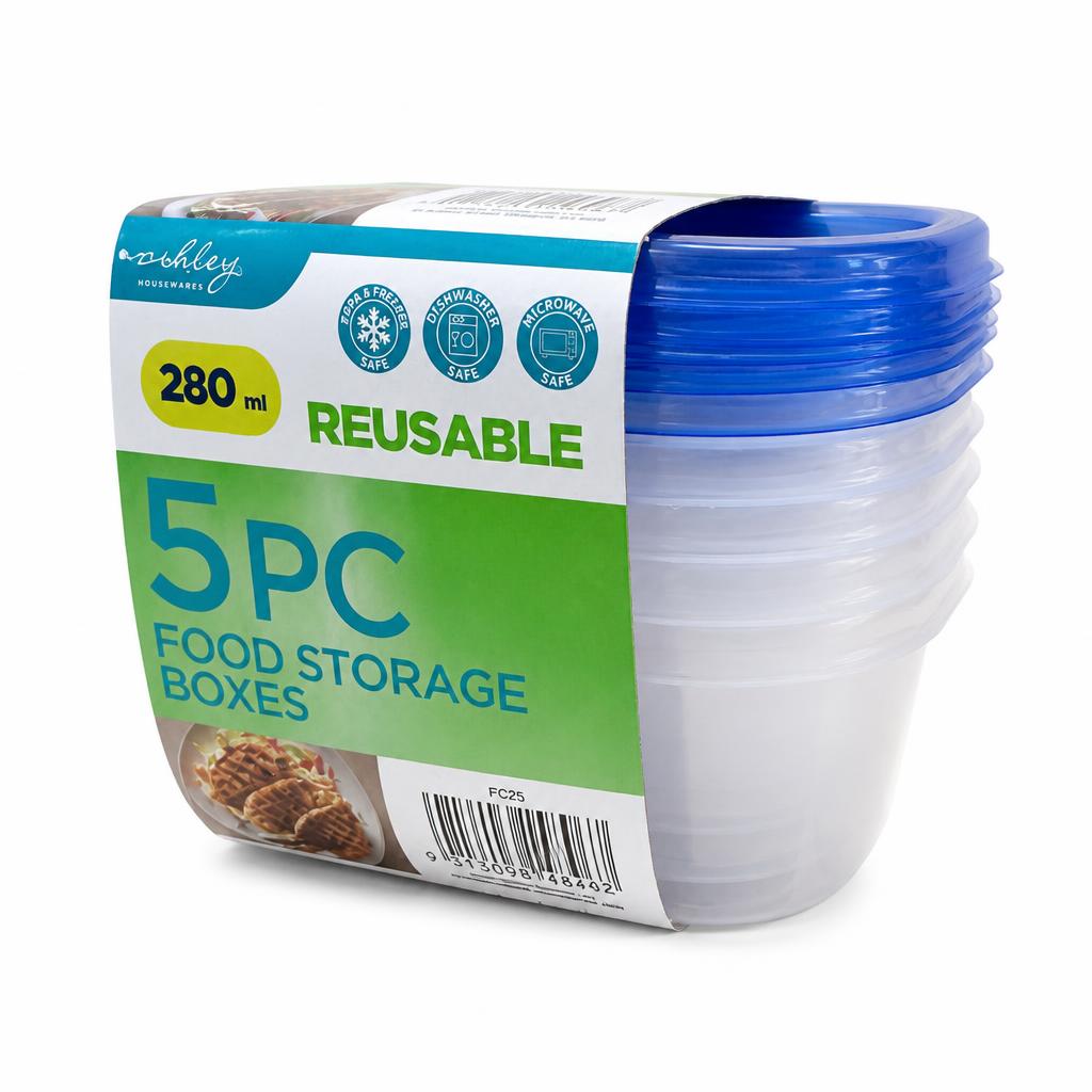 Ashley Housewares 5PC Food Storage Boxes with blue lids on cardboard