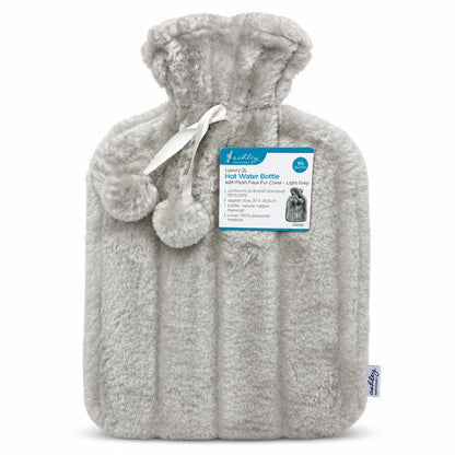 Front view of Ashley Luxury 2L Hot Water Bottle with plush grey cover