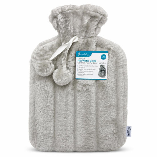 Front view of Ashley Luxury 2L Hot Water Bottle with plush grey cover
