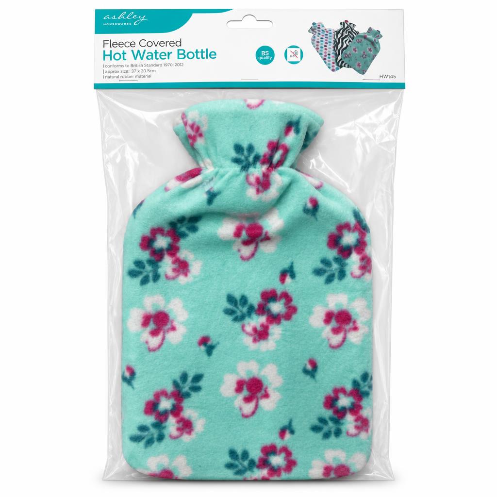 Ashley fleece-covered hot water bottle with floral print packaging