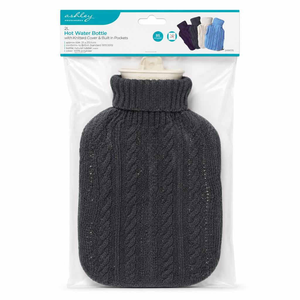 Ashley hot water bottle with dark knitted cover