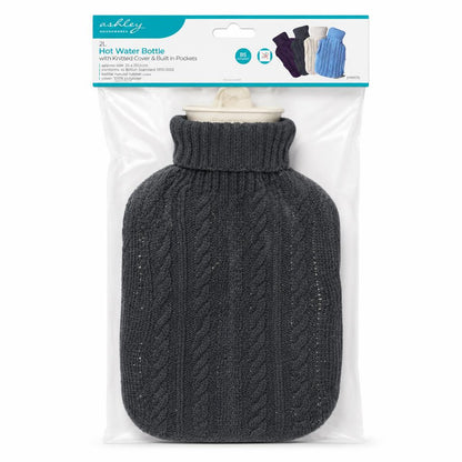 Ashley hot water bottle with dark knitted cover