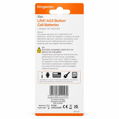 Kingavon LR41 AG3 Button Cell Batteries back packaging