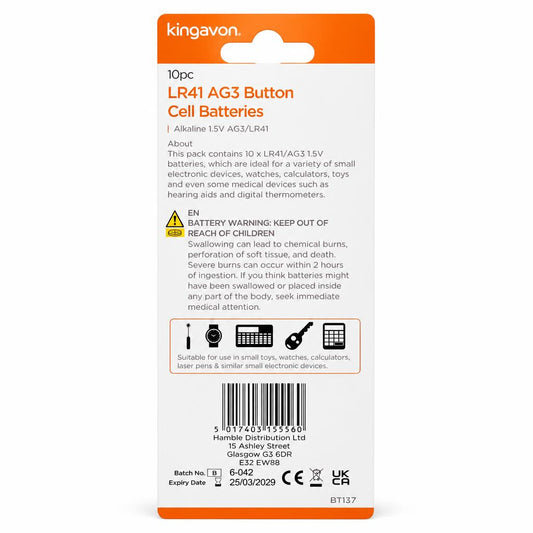 Kingavon LR41 AG3 Button Cell Batteries back packaging