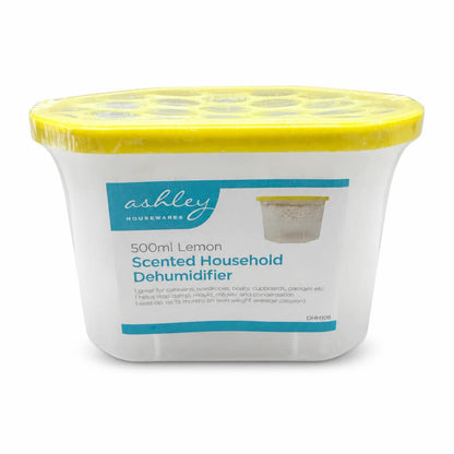 Front view of Ashley Housewares 500ml Lemon Scented Dehumidifier packaging