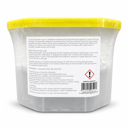 Back view of Ashley Housewares 500ml Lemon Scented Dehumidifier packaging with instructions and safety warnings
