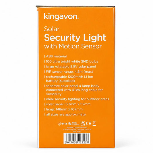 Back view of Kingavon Solar Security Light packaging with specifications