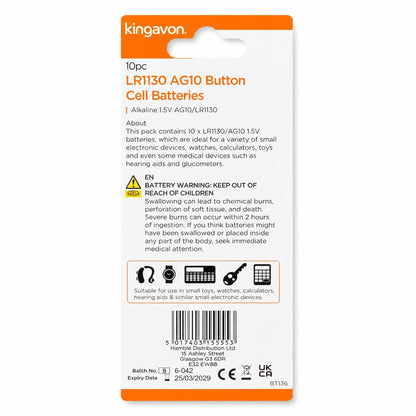Kingavon LR1130 AG10 Button Cell Batteries back packaging with specifications