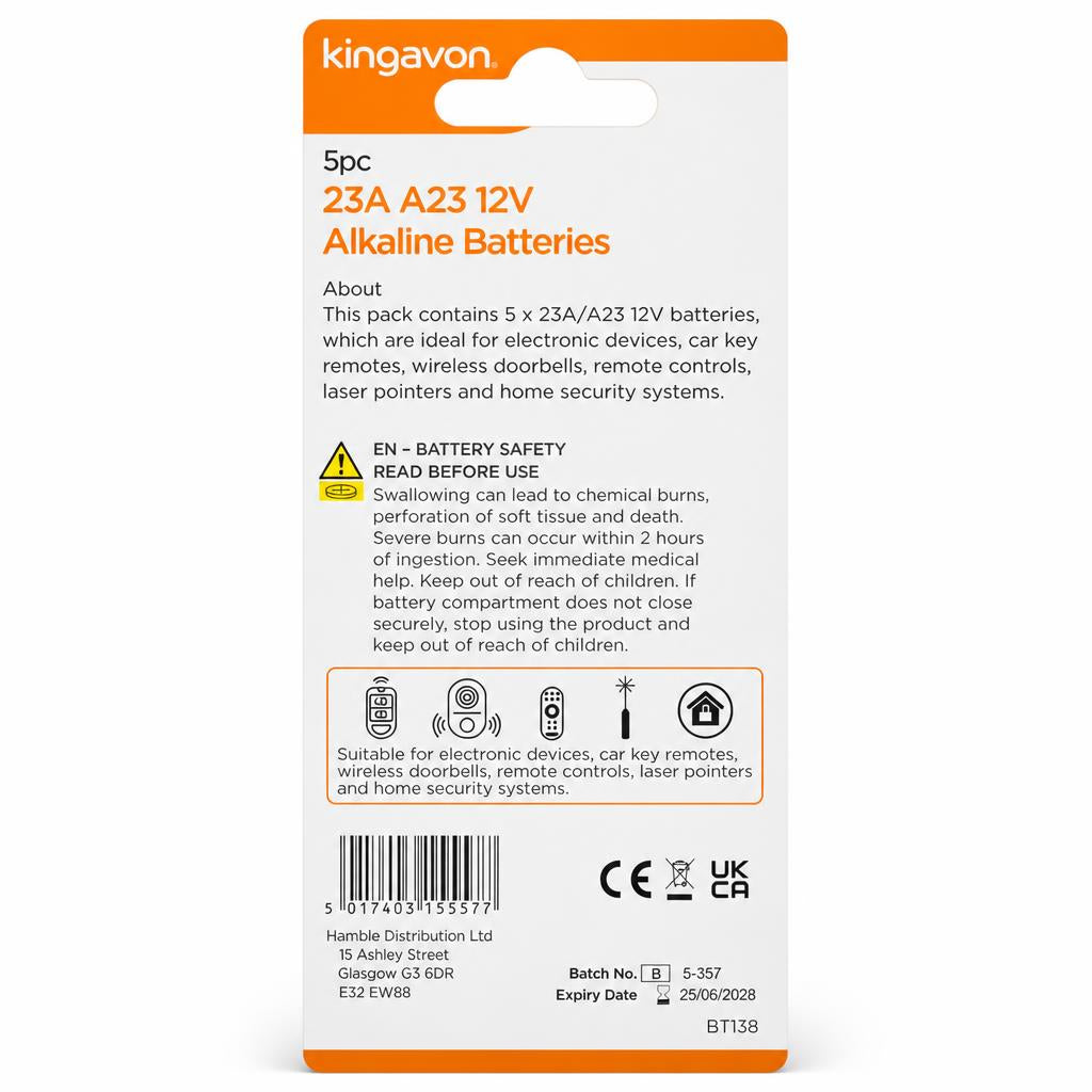 Back of Kingavon 23A A23 12V Alkaline Batteries packaging showing usage and safety information