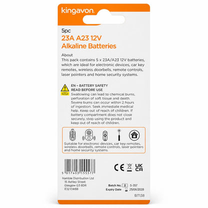 Back of Kingavon 23A A23 12V Alkaline Batteries packaging showing usage and safety information