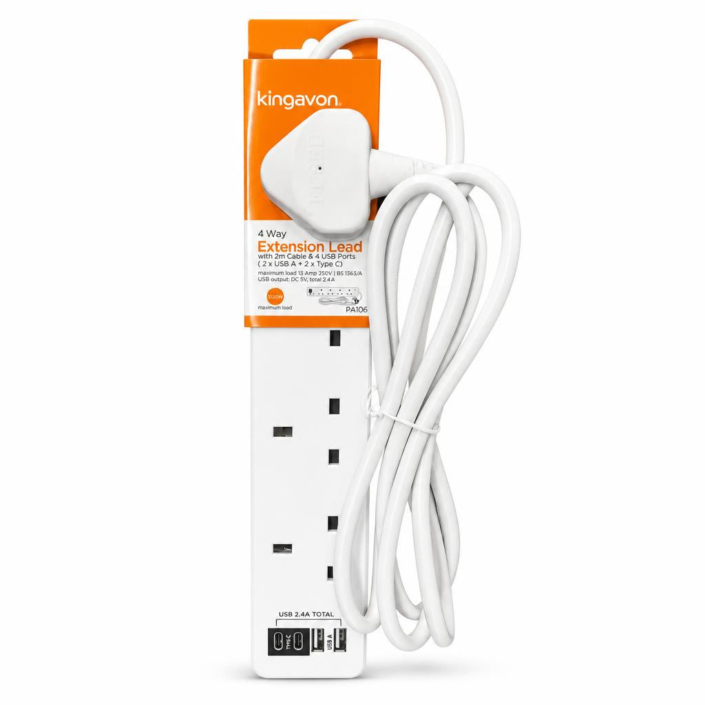 Front view of Kingavon 4 Way Extension Lead with cable and USB ports